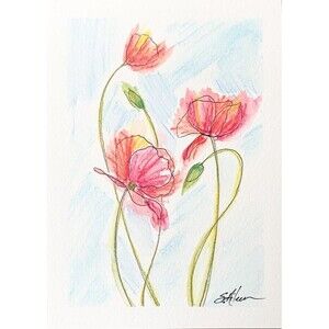 Watercolor Painting Expressive Floral Poppies Blue Sky Impressionist Signed 5x7